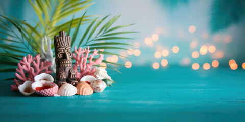 Tropical Tiki Idol Seashells Coral Palm Leaf Teal Background