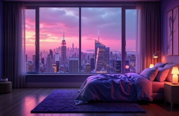 Purple lit bedroom with city view. Modern bedroom large window looking onto New York City at dusk. Purple hues, warm lighting create calming ambiance. Soft bedding, modern decor enhance scene.