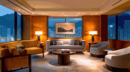 Luxury hotel suite night cityscape view relaxation