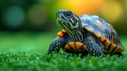Obraz premium Colorful turtle on vibrant green grass.