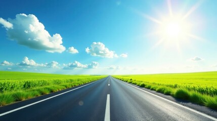 Fototapeta premium Asphalt Road Cutting Through Vibrant Green Fields Under a Sunny Sky, A Journey of Endless Possibilities and Open Horizons