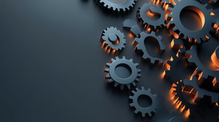 Dark metallic gears interlock, glowing warmly.  Complex machinery concept.