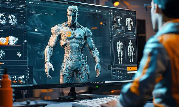Digital Artist Creating Hyper-Realistic 3D Model of Futuristic Robot Character in Modern Studio Environment with Advanced Technology and Tools