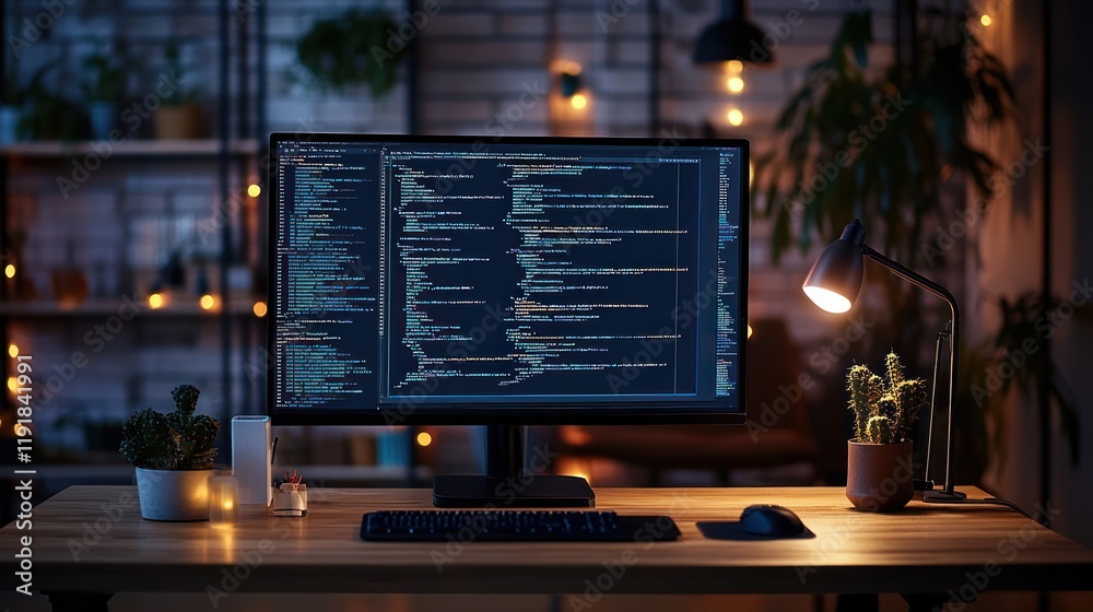Poster programmer's desk at night, code on large monitor.
