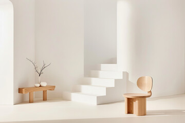 Fototapeta premium Minimalist interior with wooden furniture, white stairs, and soft natural light