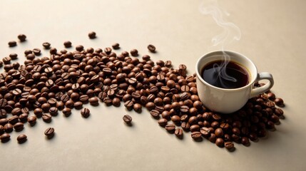Naklejka premium Aromatic Steam Rising from a Cup of Dark Coffee Nestled Amongst a Bountiful Scattering of Roasted Coffee Beans on a Neutral Background
