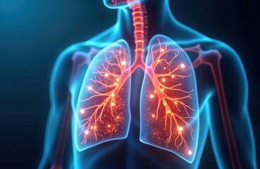 Human lungs x-ray illustration shows respiratory system anatomy. Detailed view of lung structure highlights healthy breathing process. Abstract graphic image promotes health, respiratory system