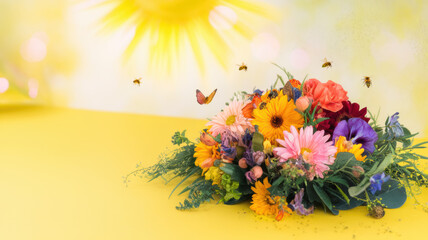 Vibrant Spring Bouquet with Bees and Butterfly on Yellow