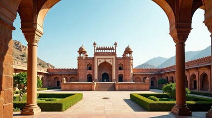 Fototapeta premium A serene courtyard framed by sandstone arches, showcasing a majestic sandstone edifice with intricate architectural details and minarets under a clear sky.