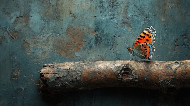 Butterfly perched on weathered log, textured background.