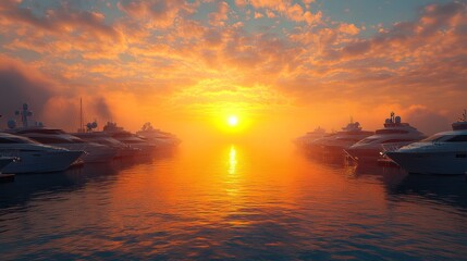 Obraz premium Sunset Yacht Harbor, Luxury Boats, Calm Sea, Misty Dawn, Travel Brochure