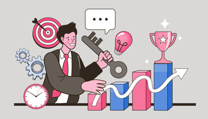 Businessman from keyhole to offer secret unlock key. Success secret key discovery. unlock key to solve problem. 