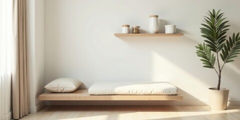 Minimalist interior design featuring a low platform bed with cushion, wooden shelf with simple decor, and potted plant in sunlight