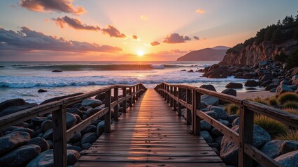 Fototapeta premium Sun-dappled wooden walkway meanders towards a serene beach, flanked by sturdy railings, inviting exploration under the open sky