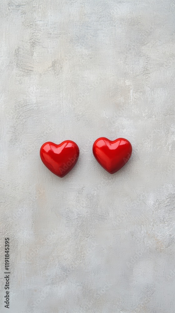 Poster two shiny red hearts lying on a gray textured background creating a romantic atmosphere, perfect for