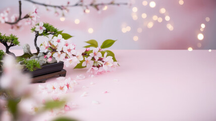 Fototapeta premium Pink Cherry Blossom Bonsai Tree Spring Season Tabletop