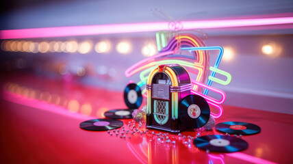 Retro Jukebox Vinyl Records Neon Lights 50s Diner Style
