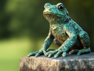Obraz premium A close-up image of a green frog sitting on a wooden surface in a natural setting, showcasing its bright eyes and textured skin.