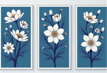 ナビーブルーのキャンバスに描かれた白い花々：自然の美しさを感じるための素敵なアートプリントです