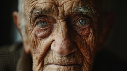 A close-up portrait of an elderly man with deep wrinkles and expressive blue eyes.