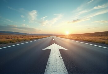 Inspiring Journey: A Straight Road Marked by an Arrow Towards the Horizon, Representing Ambition and Success