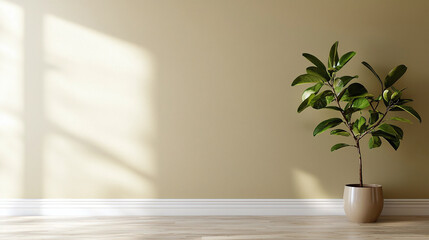clean beige wall with subtle ombre gradient and potted plant creates serene atmosphere. natural light enhances peaceful ambiance of space