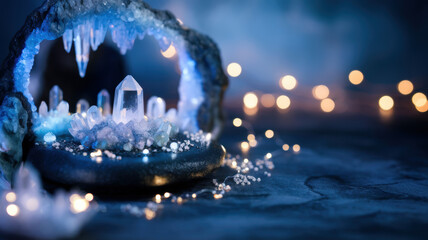 Mystical Crystal Cave Blue Gemstones Illuminated Minerals Sparkling Lights Dark Background
