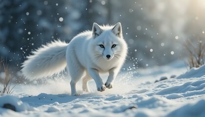 Obraz premium Arctic fox running in snow with powdery snow swirling around it in a winter environment