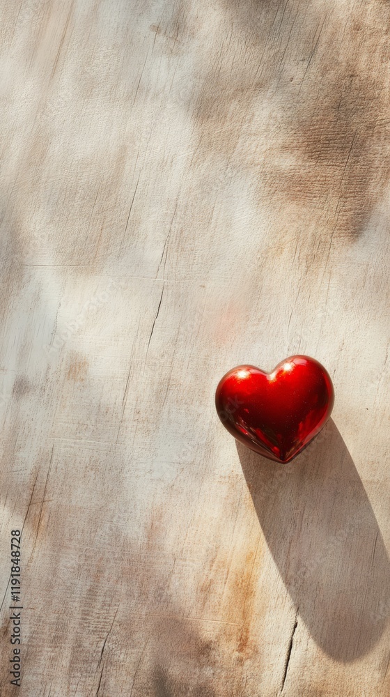 Poster red heart shaped object casting a shadow on a light wooden table, illuminated by natural light, crea