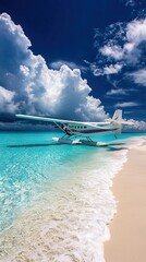 Fototapeta premium Seaplane landing gracefully on a tropical beach with turquoise waters
