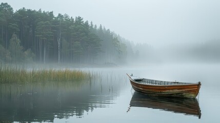 A serene lake scene with a boat surrounded by misty trees and calm waters.