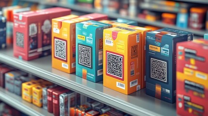 Colorful Product Packaging with QR Codes on a Retail Shelf Displaying Diverse Items in a Modern Store Environment