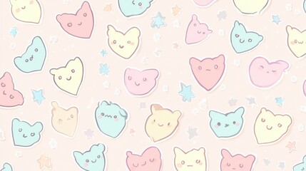 Cute and Whimsical Pattern Featuring Colorful Smiley Faces and Hearts on a Soft Pastel Background, Perfect for Children’s Products and Fun Designs