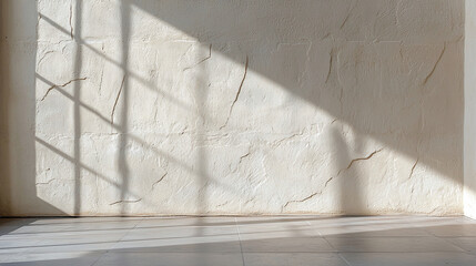 clean, neutral wall with faint vertical grooves and soft shadows creates serene atmosphere. light casts gentle patterns, enhancing minimalist aesthetic