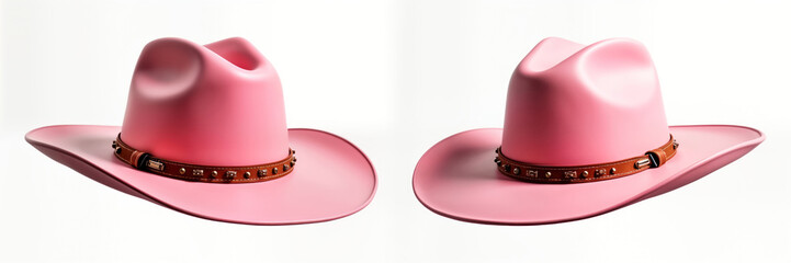Pink cowboy hat isolated on white background. Stylish accessory with brown leather band. Trendy headwear. Perfect for fashion, western style. Suitable for various uses, fashion photoshoots. Great for