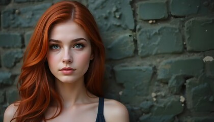 Fototapeta premium Stunning redhead with captivating blue eyes poses against a textured green brick wall adding depth to this portrait photograph