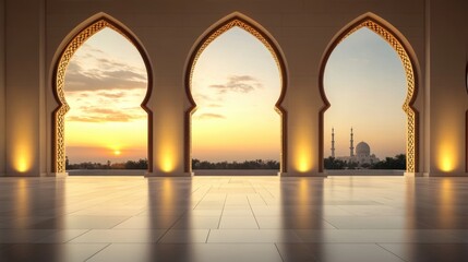 Stunning sunset view through ornate arches of a mosque