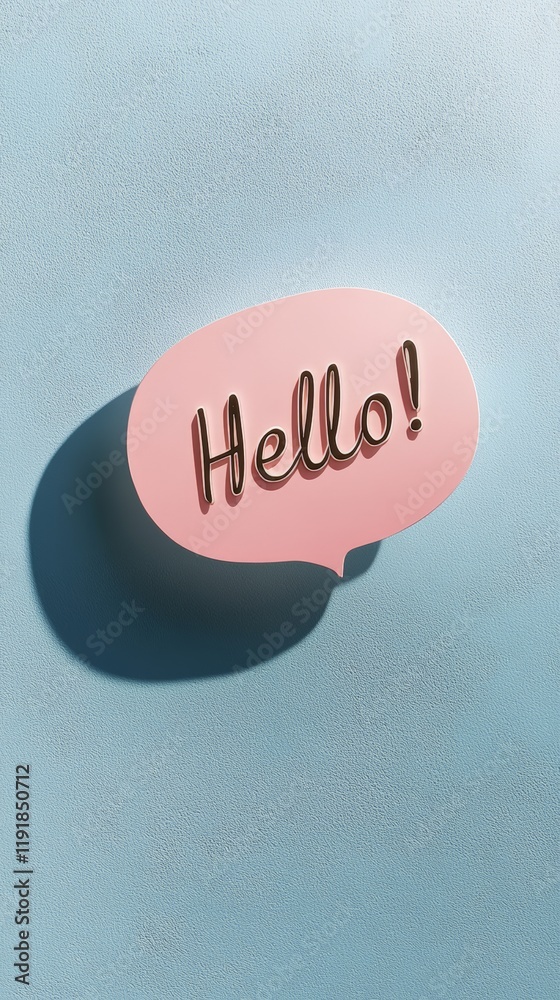 Poster pink speech bubble featuring the word hello, casting a soft shadow on a textured light blue backgrou
