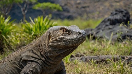 Fototapeta premium Komodo dragon, portrait with landscape view. Komodo dragon is the biggest living lizard in the world. Scientific name: Varanus komodoensis. Wild nature. Natural habitat. Rinca Island. Indonesia