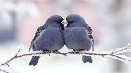 Fototapeta premium Two gray birds cuddling on a frosty branch in winter