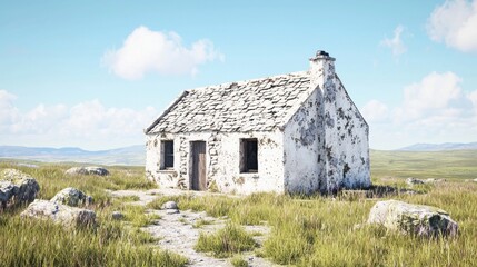 Obraz premium Small house located in the center of a vast green field under a clear blue sky during daytime