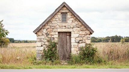 Old stone building with a wooden door and window in a rural setting surrounded by greenery