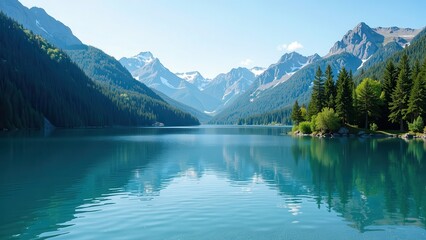 Sunset glows across a vast, rippled teal lake, mirrored against the distant forest. Lush trees frame the serene waters, casting shadows as dusk arrives