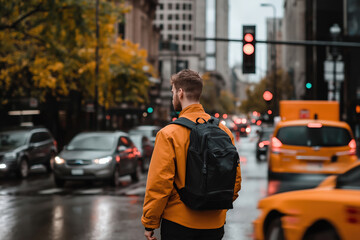 Bright orange jacket contrasts with rainy city street in autumn