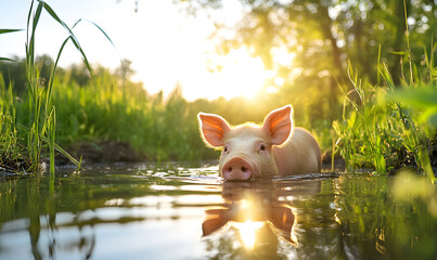 Picture of cute pig, pork, processed food, photograph or illustrator for advertising