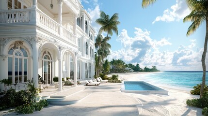 Fototapeta premium Large white house with a swimming pool surrounded by palm trees in a sunny outdoor setting
