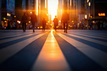 Evening stroll on urban streets as sunset casts golden light on pedestrians