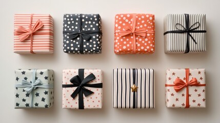 Obraz premium Eight wrapped gifts in various patterns and colors.