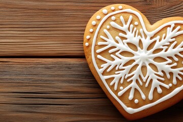 Heart-shaped cookie decorated with white icing and snowflake design