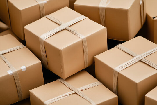 Stack of neatly packaged brown boxes tied with string in a warehouse setting